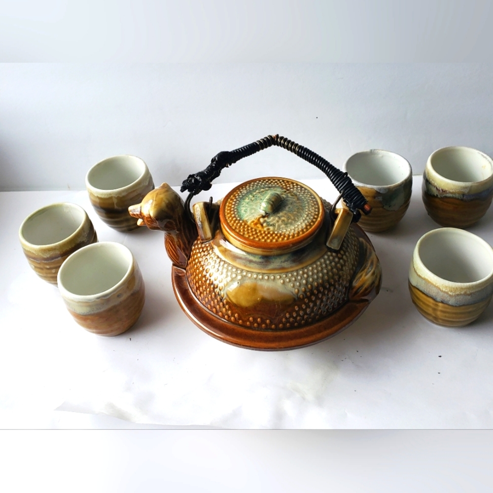 Brown Drip Glazed Clay ‘Red Panda’ Teapot with Cups-Made In Japan- Vintage